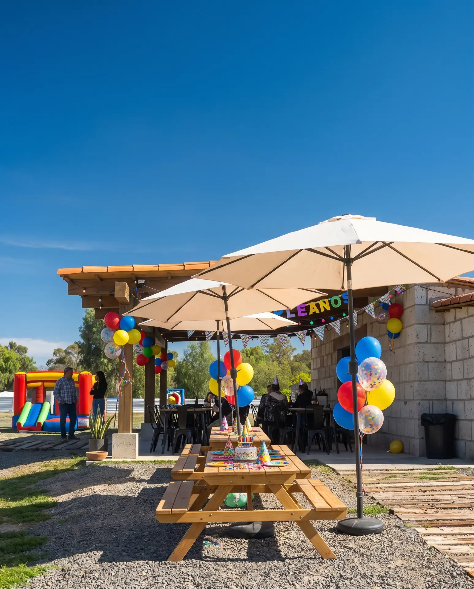 Celebración con mesas decoradas y globos en la terraza